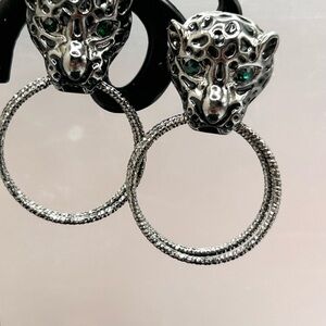 Vintage Silver Leopards with Green Crystal Earrings